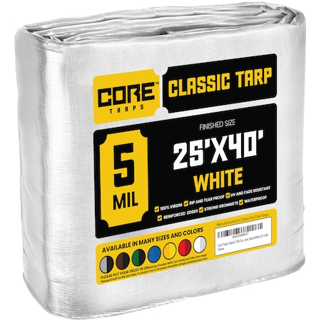 Core Tarps Heavy Duty Tarp, 40 ft L x 0.5 mm H x 25 ft W, 5 Mil, White, Polyethylene CT-504-25X40